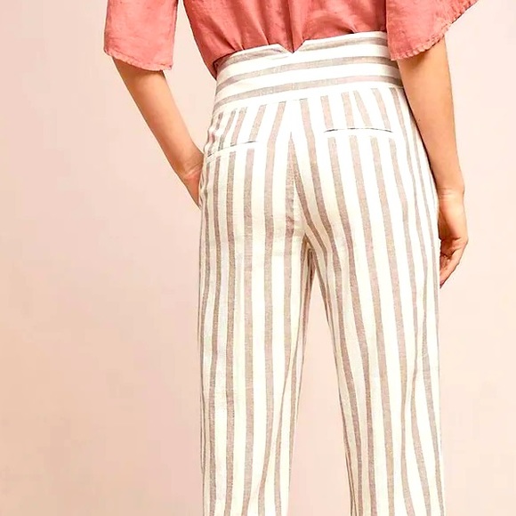 Anthropologie Linen Striped Brown White Oasis Slim Belt D-Ring Pant SZ 12 - Picture 4 of 4